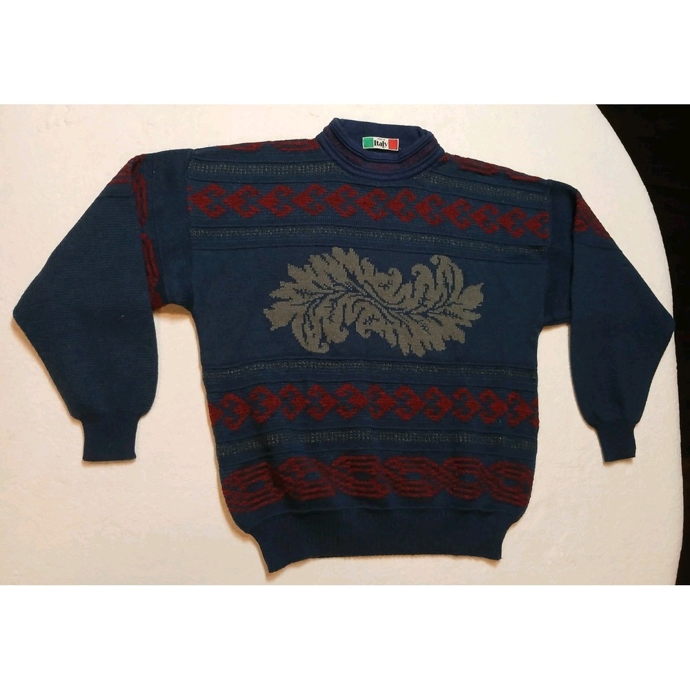 Vintage The Italian Sweater Co Mens L Crewneck Knit Geometric Baroque Wool Blend